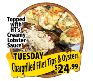 chargrilled filet tips oysters lobster sauce hidden treasure tuesdays
