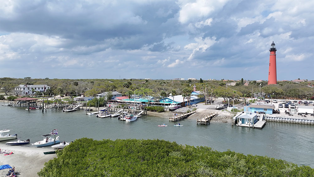 Aerial view of Hidden Treasure Rum Bar & Grill near the Ponce Inlet Lighthouse