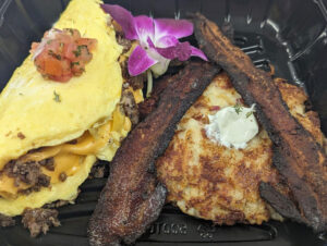 breakfast omelet with bacon and potato pancake ponce inlet floida